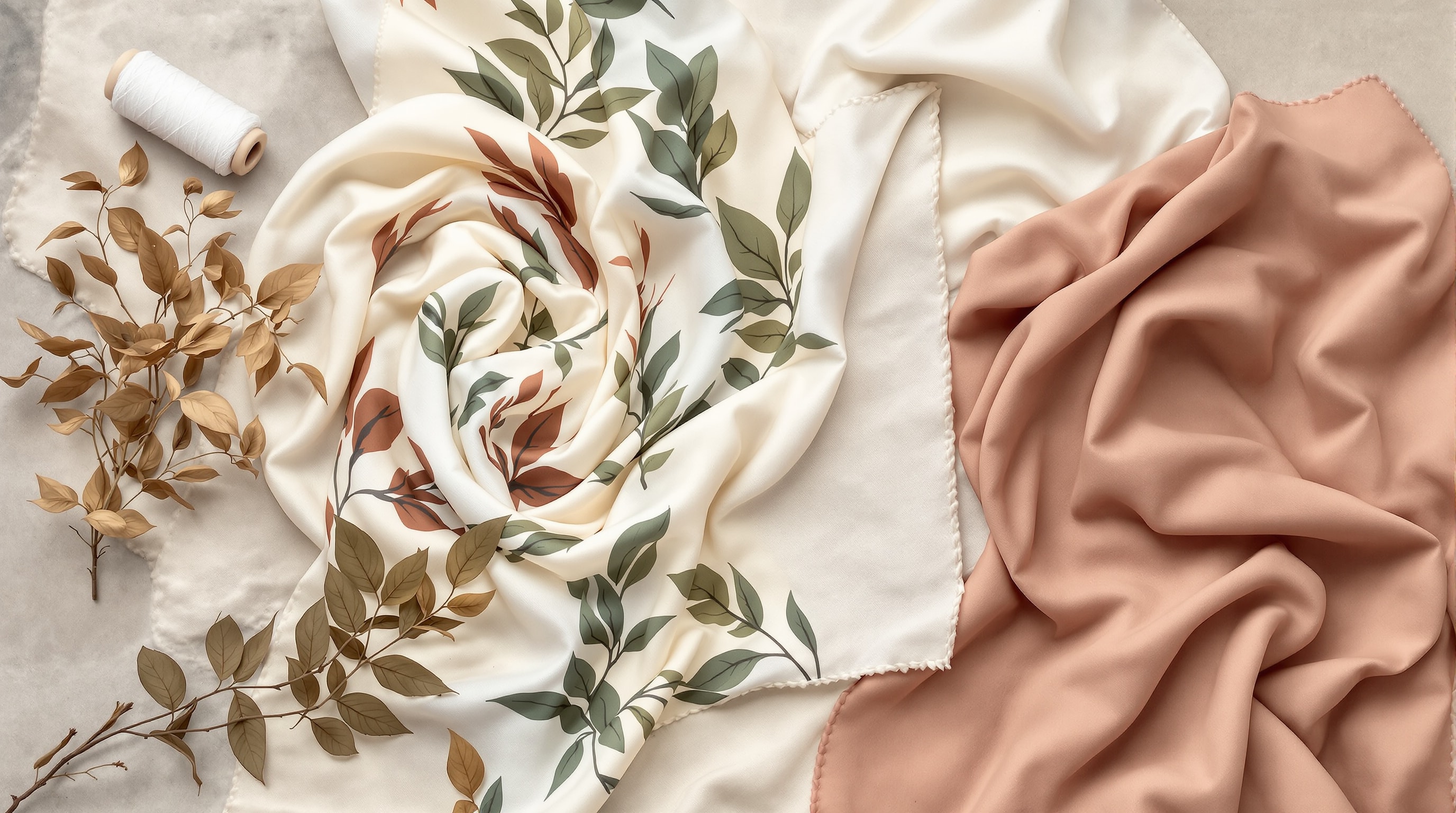 Natural silk scarves printed with botanical motifs draped over pale linen